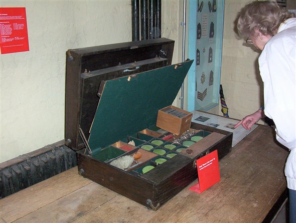Photo:"Scenes of crime" kit in a home made case with a small box of "fingerprints on glass"