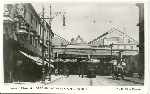 Photo:A tram and a horse bus at Brighton Station