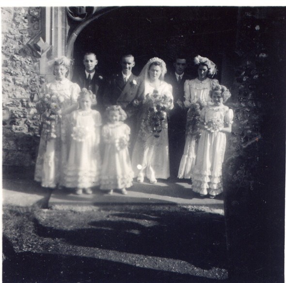 Photo:Me as bridesmaid for cousin Ron (Lillywhite), and Margaret. (1949?)                              llywhite