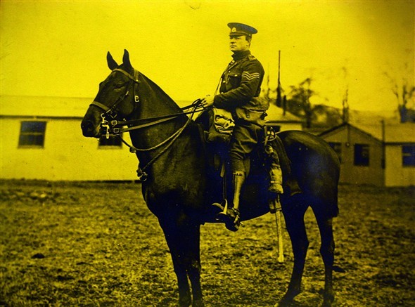Photo:4469 Sgt Harry Coverdale,  Military Mounted Police on mare 'Vidy', attached to 16th Lancers in the field, before going to the Somme in France where he won the military medal for saving a wounded officer on the battlefield of the Somme.