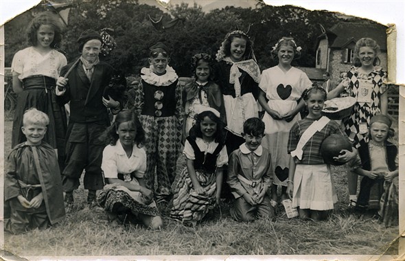 Photo:Fancy Dress at Walderton ( or Lordington Hall) West Sussex.  Me as a sewing box, cousin Shirley as the Queen of Hearts. (1940's)