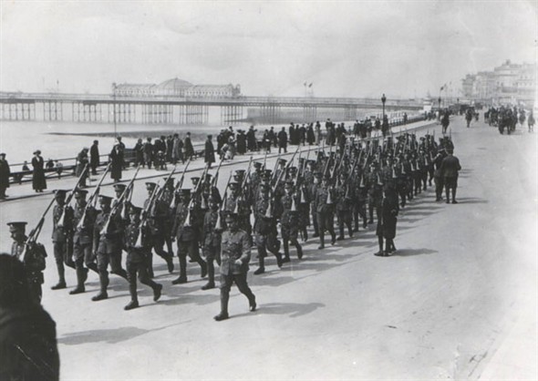 Photo:Granddad  (RSM Lillywhite) marching his recruits (!st World War?) Marine Parade, Palace Pier, Brighton.